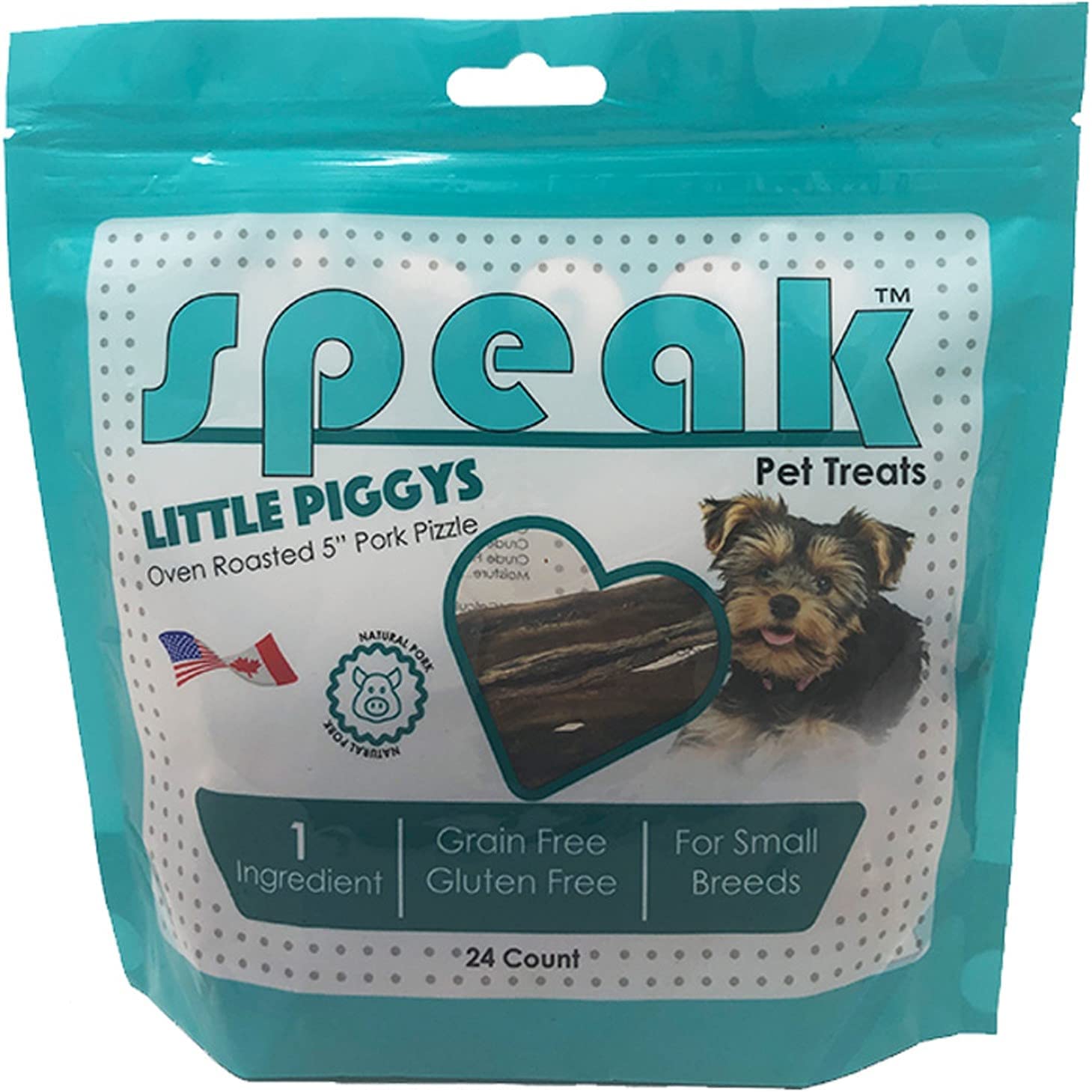 Speak Dog Treats Little Piggys, Natural Gluten and Grain Free Low Calorie 5 Inch Pork Chews for Small Breeds, Perfect Alternative for Rawhide, 24 Count