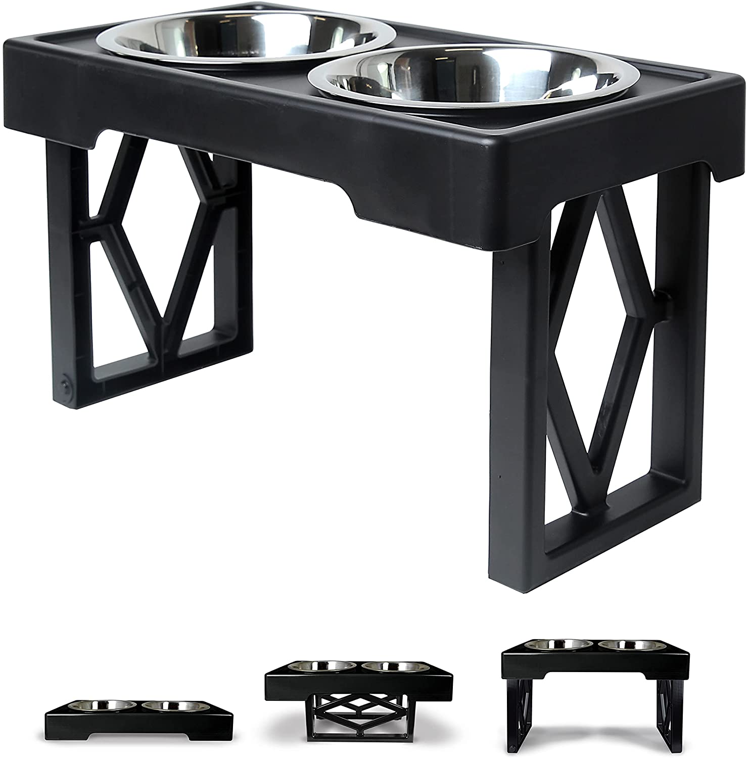 Pet Zone Designer Diner Adjustable Elevated Dog Bowls for Large Dogs, Medium and Small - Raised Dog Bowl Stand 2 Dog Food Bowls for Food and Water Double Stainless Steel, 3 Heights, 2.75”, 8", & 12''